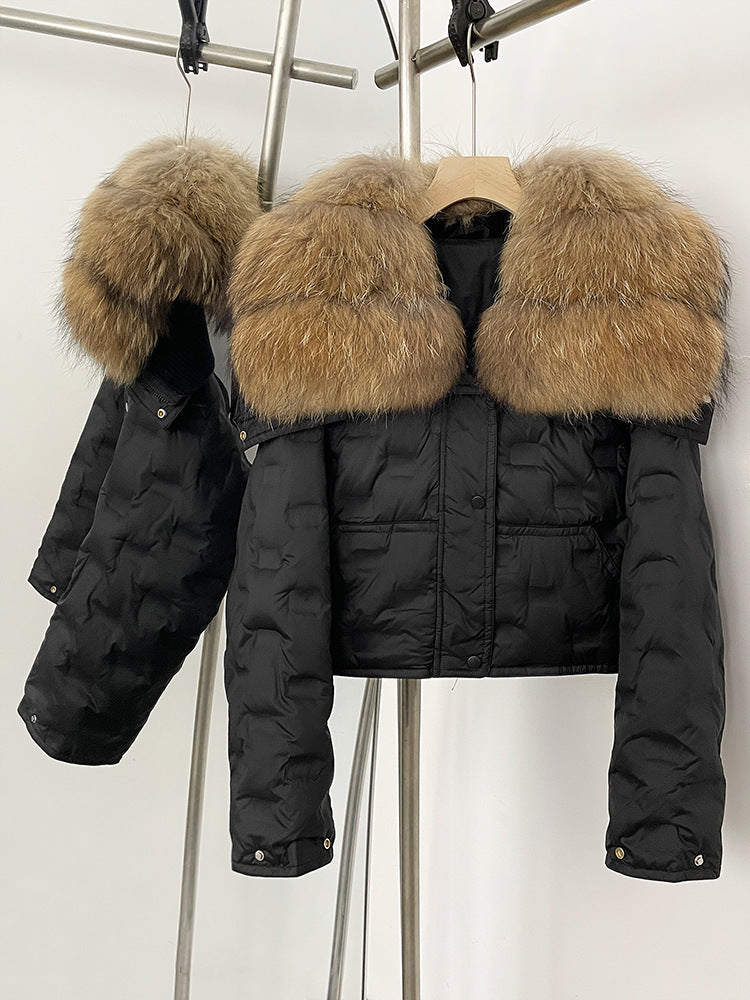 Super snygg koreansk version av storhårig kavaj kort dunjacka för kvinnors vinter explosion geometriska mönster design vit anka dunjacka