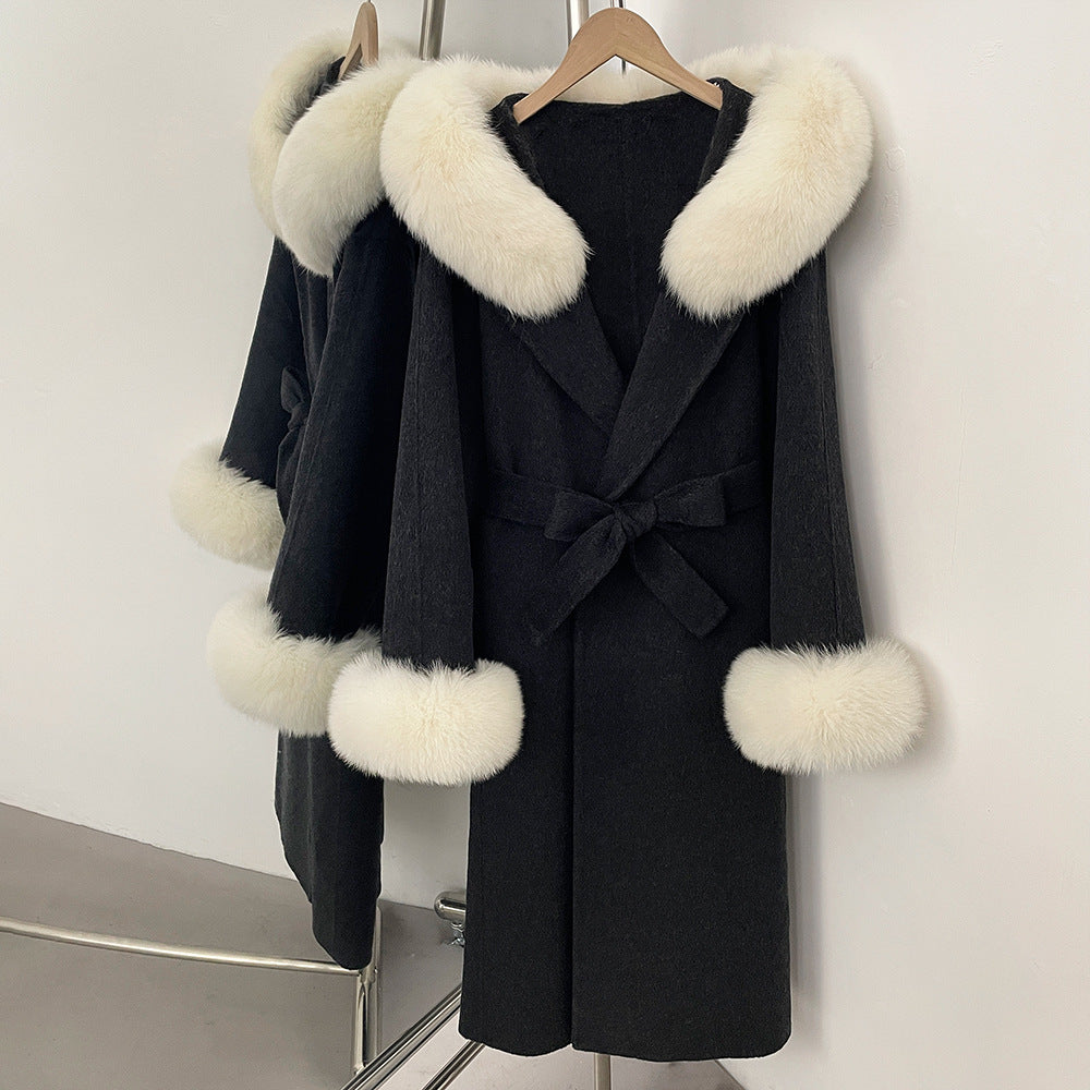 Fabrik direktförsäljning ny 2025 höst och vinter räv päls krage huva dubbelsidig ull kappa dam ull ärmar ull kappa